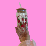 Strawberry Daisy Drinking Glass with Top and Glass Straw