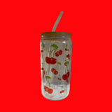 Cherry Drinking Glass with Top and Glass Straw