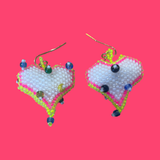 Beaded Indigenous White Puffy Heart Hand Made  Earrings