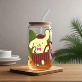 Pom Pom Purin Drinking Glass with Top and Glass Straw